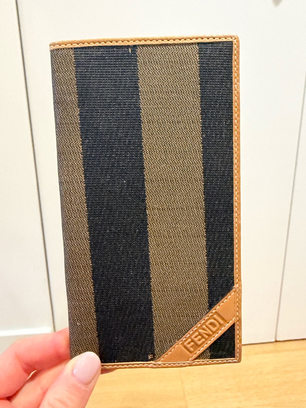 Fendi Black & Brown Striped Canvas Checkbook Wallet